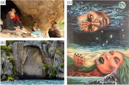 Examining Māori rock art (a), Māori carved cliff face (b) and the Māori legend of the Sky Father (Ranginui) who formed the vault of the heavens after being torn away from the Earth Mother (Papatūānuku), who is the land.